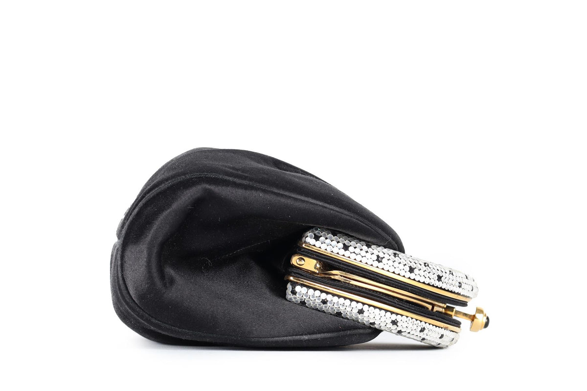 JUDITH LEIBER BLACK VINTAGE CRYSTAL AND SATIN CLUTCH