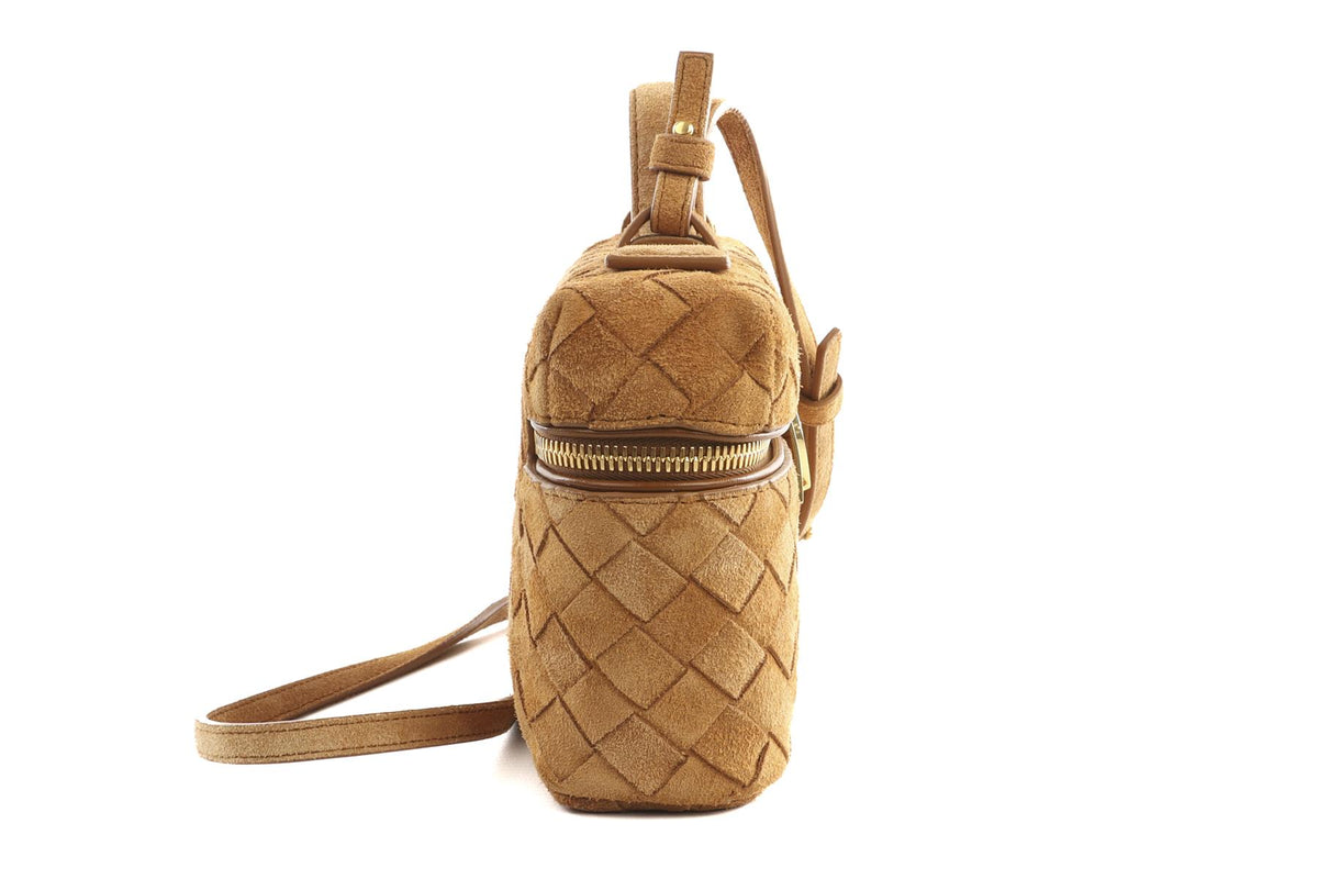 BOTTEGA VENETA TAN BANG BANG VANITY MINI INTRECCIATO SUEDE TOTE BAG