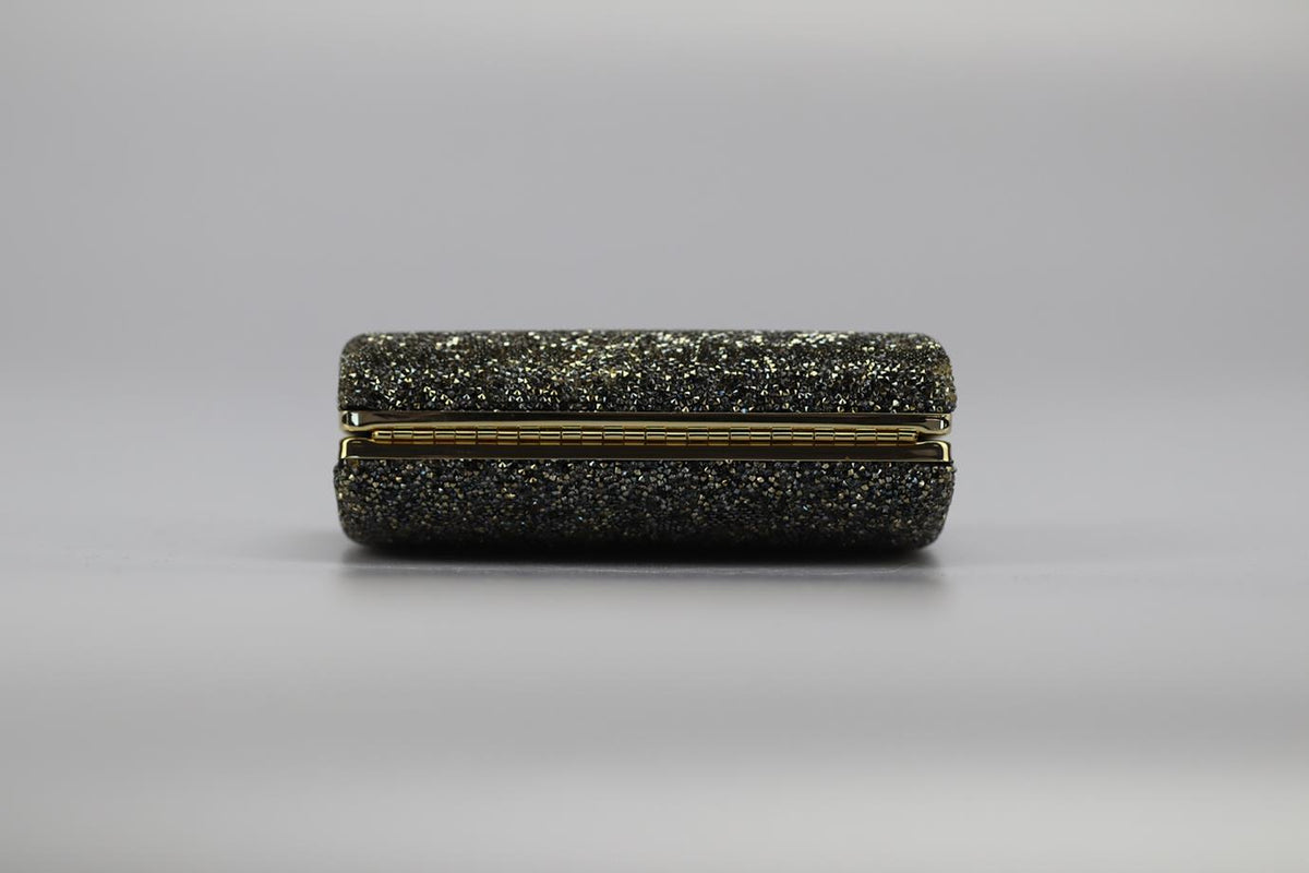 STARK CRYSTAL EMBELLISHED SUEDE AND SILVER TONE CLUTCH