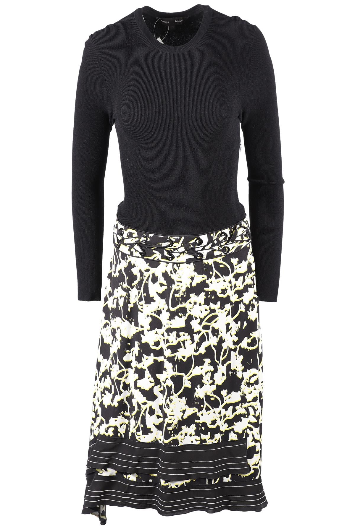 PROENZA SCHOULER BLACK, YELLOW AND WHITE KNIT AND SILK BLEND MAXI DRESS US 6 UK 10