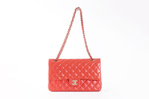 CHANEL ORANGE 2010 CLASSIC DOUBLE FLAP MEDIUM QUILTED LEATHER SHOULDER BAG