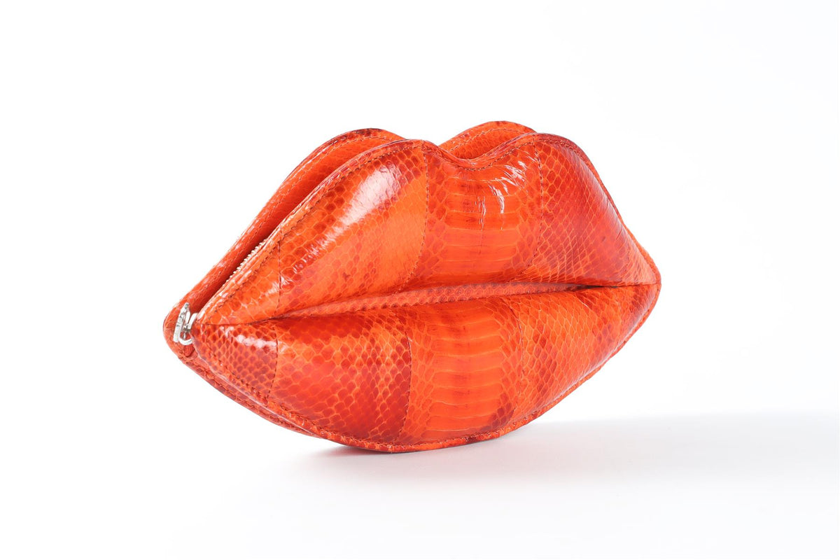 LULU GUINNESS ORANGE LIPS SNAKESKIN CLUTCH
