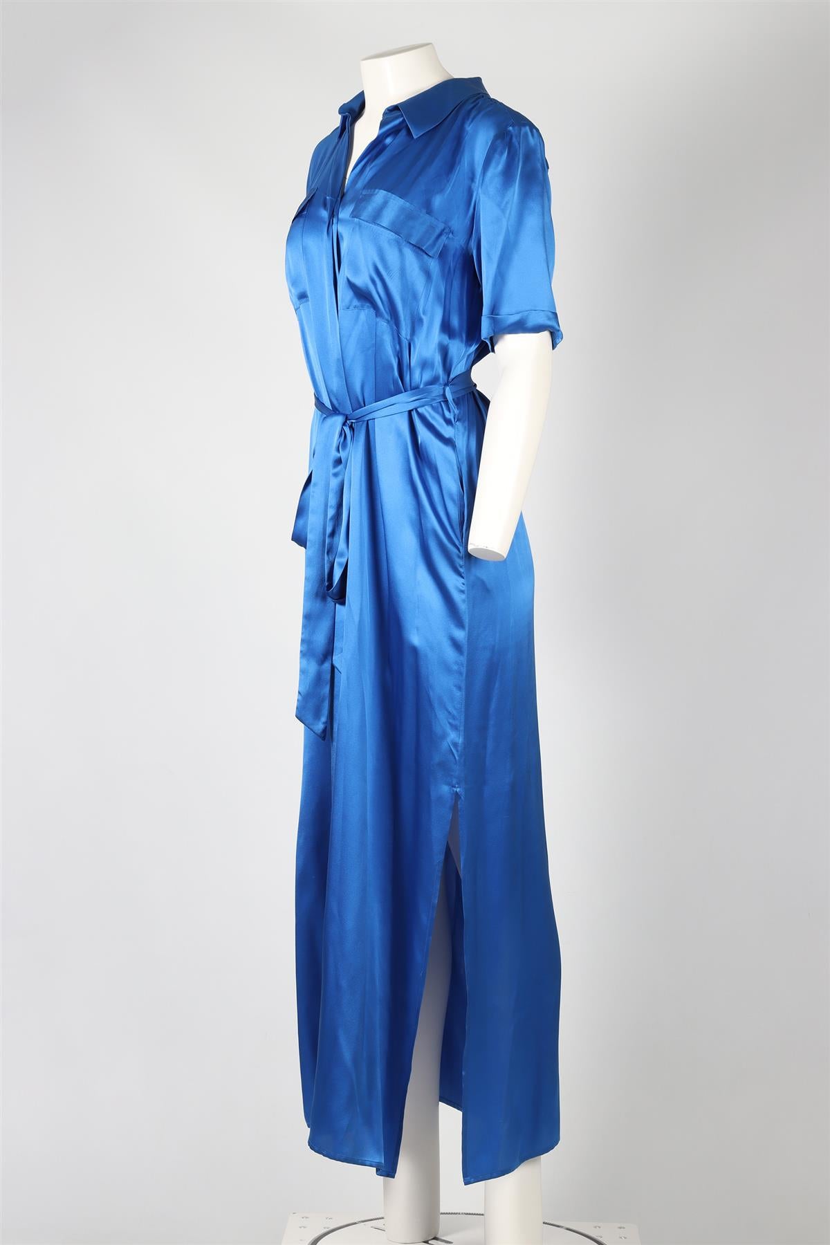 L'AGENCE BLUE BELTED SILK MAXI DRESS MEDIUM