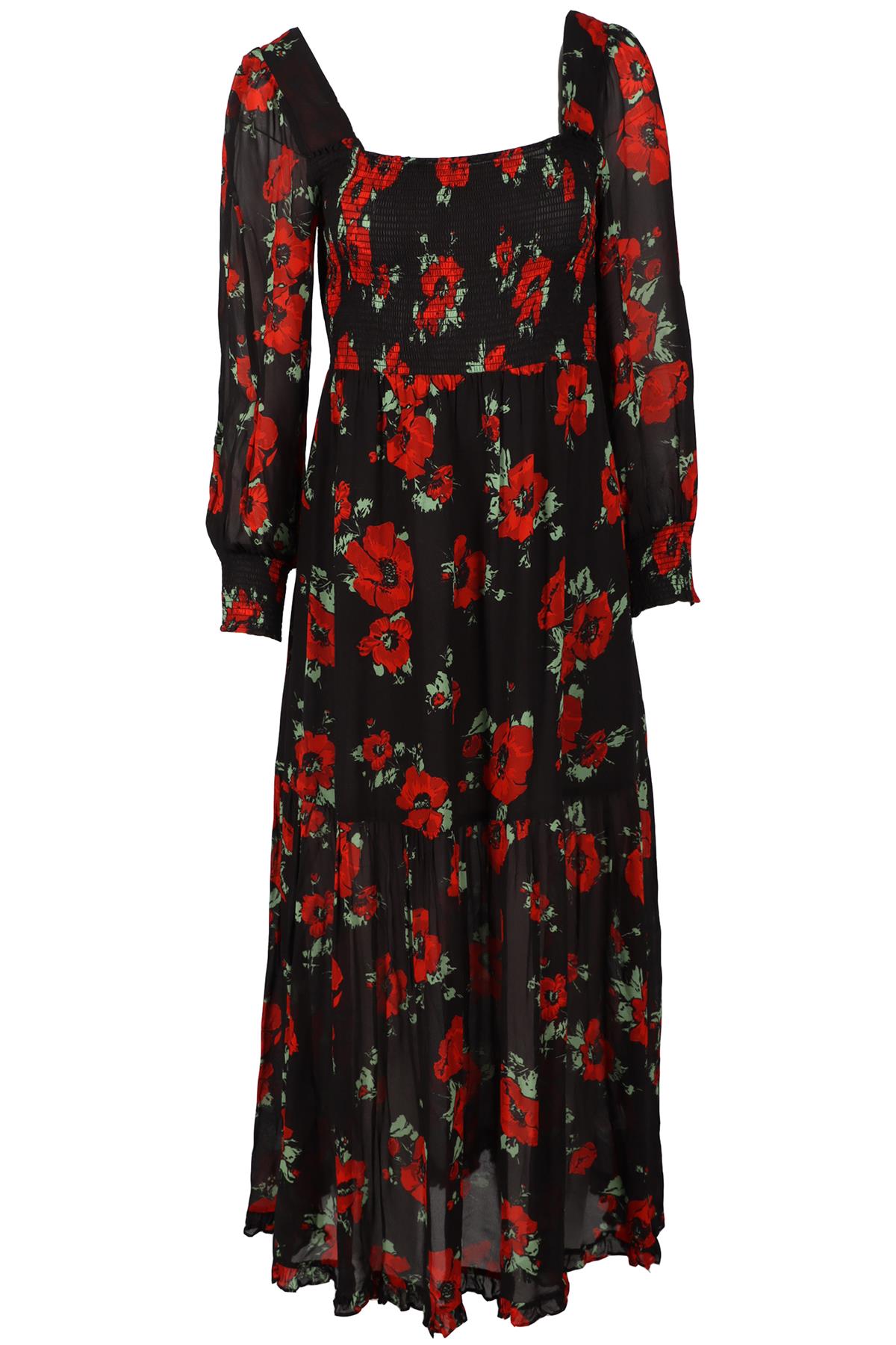 RIXO RED, BLACK AND GREEN FLORAL PRINT CREPE MIDI DRESS UK 12