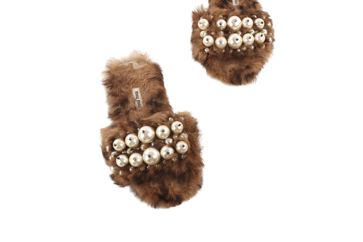 MIU MIU BROWN FAUX FUR SLIDES EU 37 UK 4 US 7