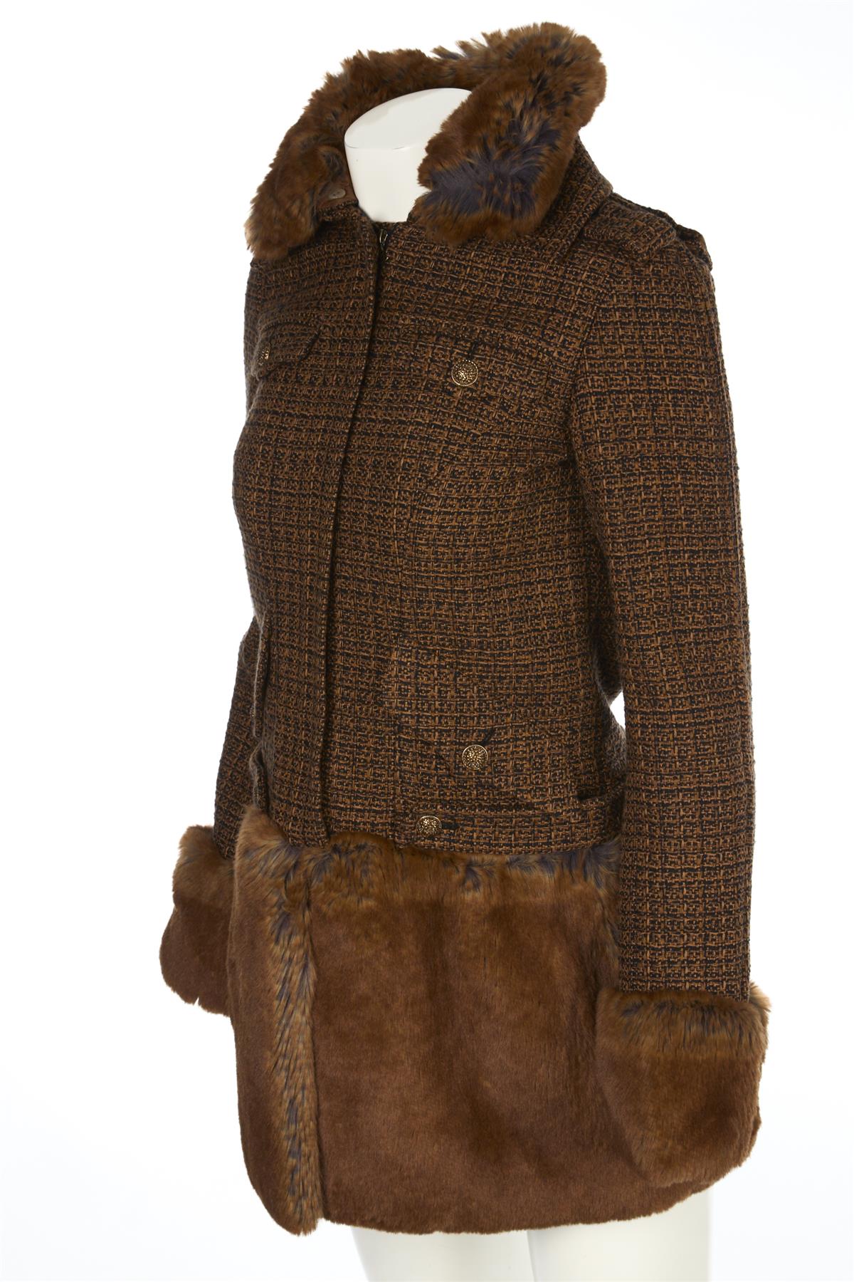 CHANEL BROWN 2010 FAUX FUR AND TWEED COAT FR 36 UK 8