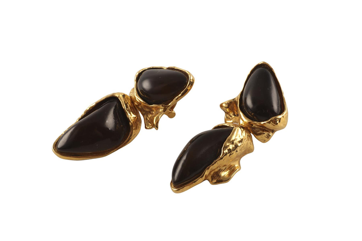 SAINT LAURENT BLACK GOLD TONE CLIP ON EARRINGS