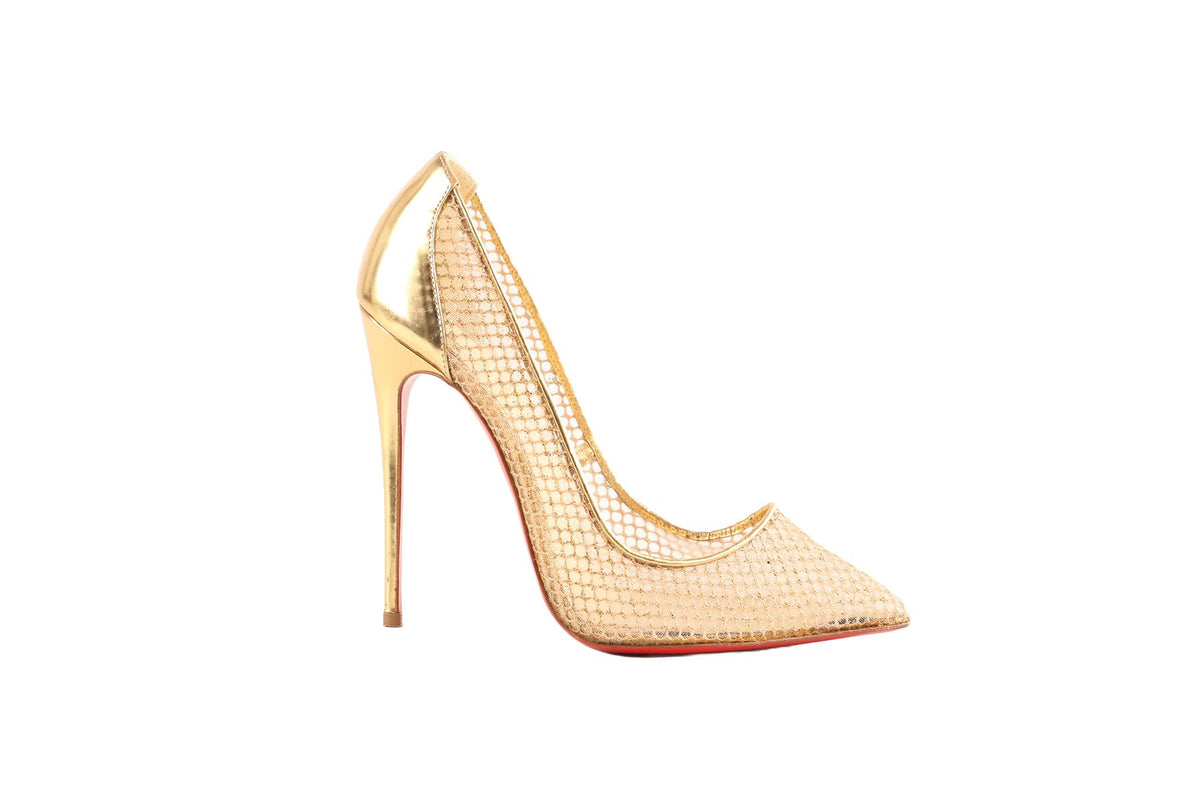 CHRISTIAN LOUBOUTIN GOLD FOLLIES RESILLE MESH PUMPS EU 38.5 UK 5.5 US 8.5