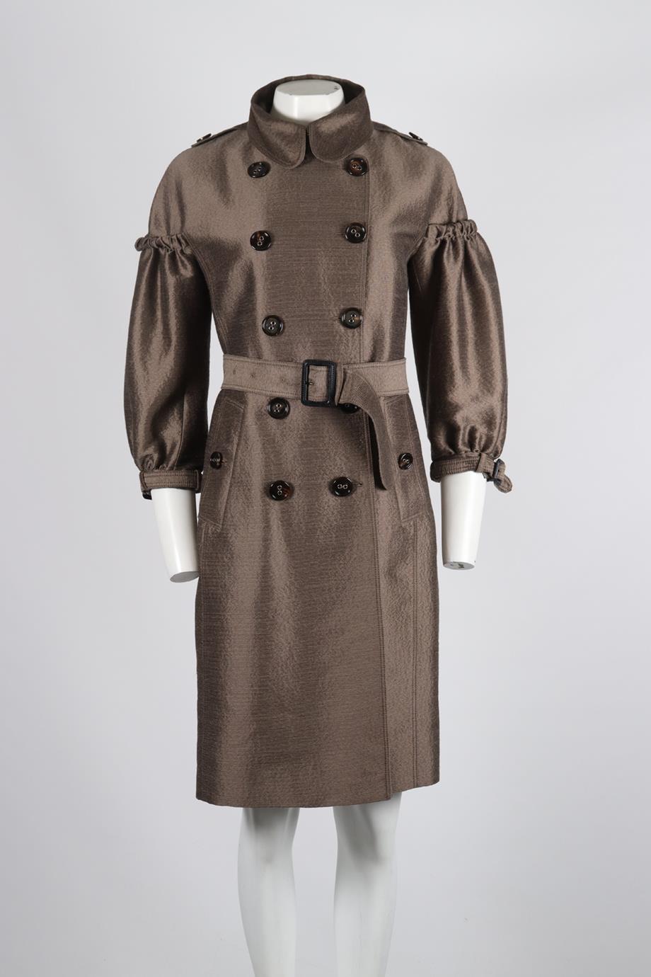 BURBERRY BELTED DOUBLE BREASTED WOOL AND SILK BLEND TRENCH COAT IT 44 UK 12