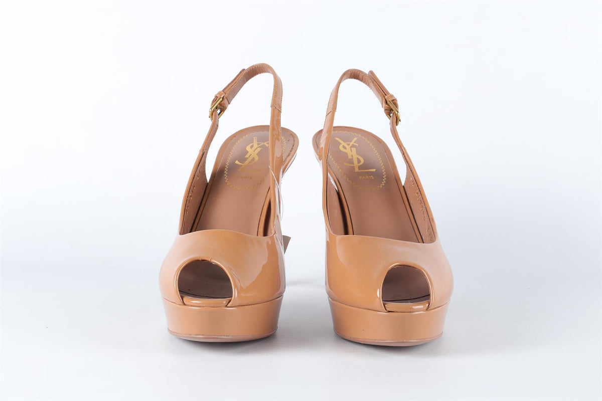 YVES SAINT LAURENT BROWN PATENT LEATHER SLINGBACK SANDALS EU 37.5 UK 4.5 US 7.5