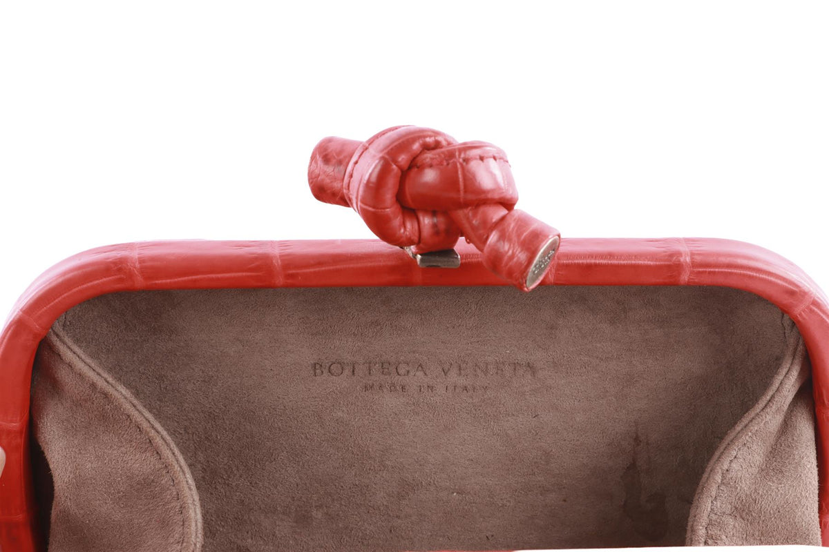 BOTTEGA VENETA RED KNOT CROCODILE CLUTCH