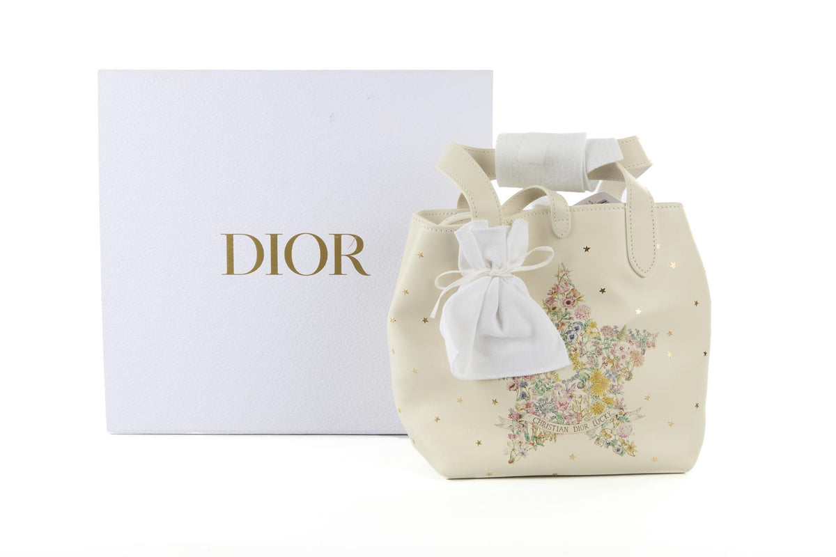 CHRISTIAN DIOR WHITE DIOR LUCKY SMALL TOUJOURS VERTICAL LEATHER TOTE BAG