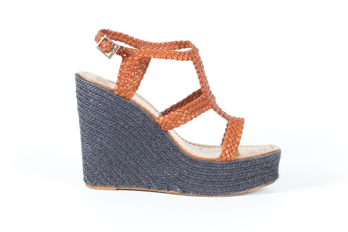 KATE SPADE BROWN AND NAVY LEATHER WEDGE ESPADRILLES US 9 UK 6 EU 39
