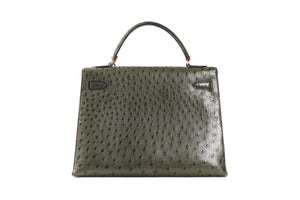 HERMÈS GREEN 1981 KELLY 32CM OSTRICH BAG IN VERT OLIVE