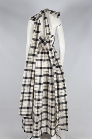 CH CAROLINA HERRERA BLACK AND WHITE CHECKED TAFFETA MAXI DRESS US 0 UK 4