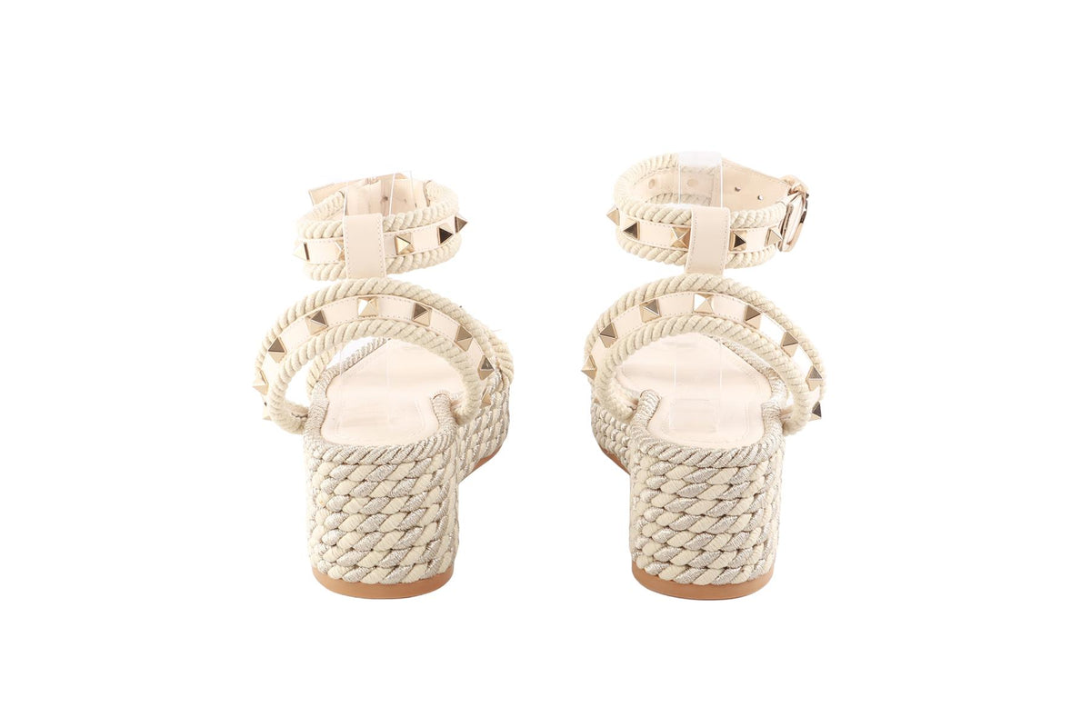 VALENTINO GARAVANI CREAM ROCKSTUD LEATHER ESPADRILLE WEDGE SANDALS EU 38 UK 5 US 8