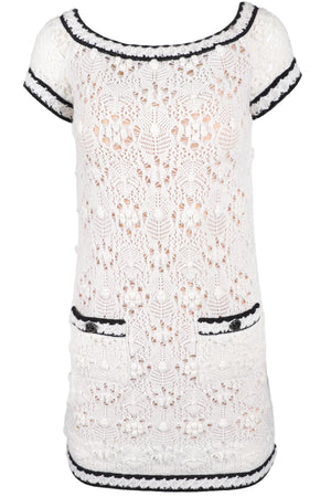 chanel white short dress CHANEL RUNWAY SEXY ICONIC CROCHET WHITE MINI DRESS FR 38