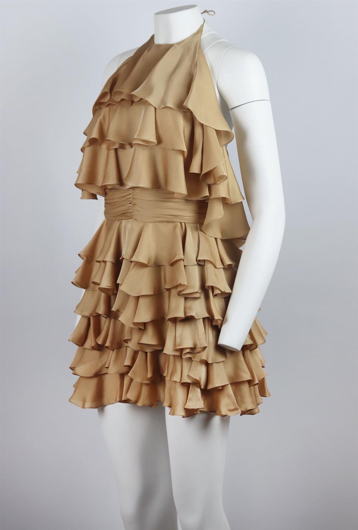 BALMAIN TIERED RUFFLED SILK HALTERNECK MINI DRESS FR 36 UK 8
