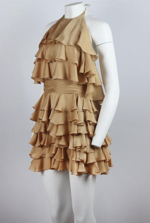 BALMAIN TIERED RUFFLED SILK HALTERNECK MINI DRESS FR 36 UK 8