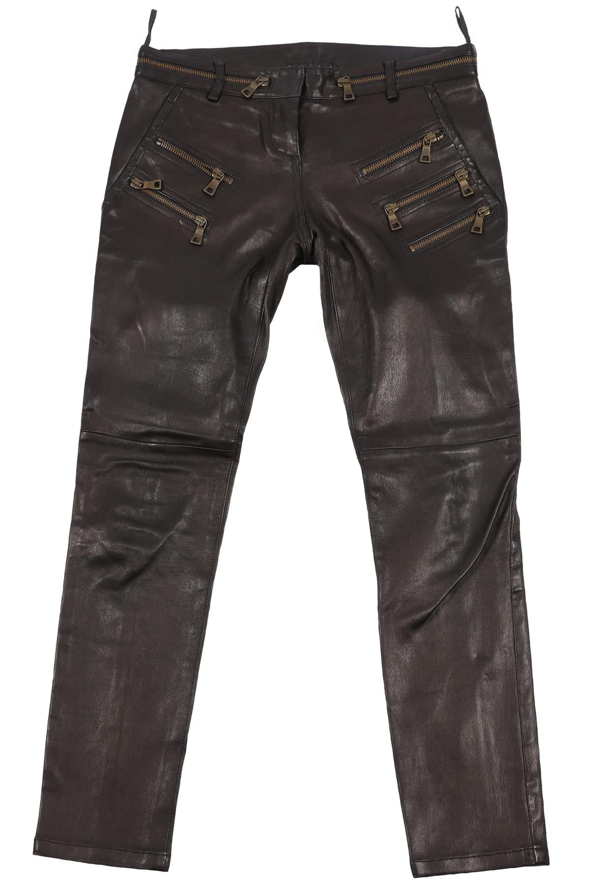 BALMAIN BROWN LEATHER SKINNY PANTS FR 36 UK 8