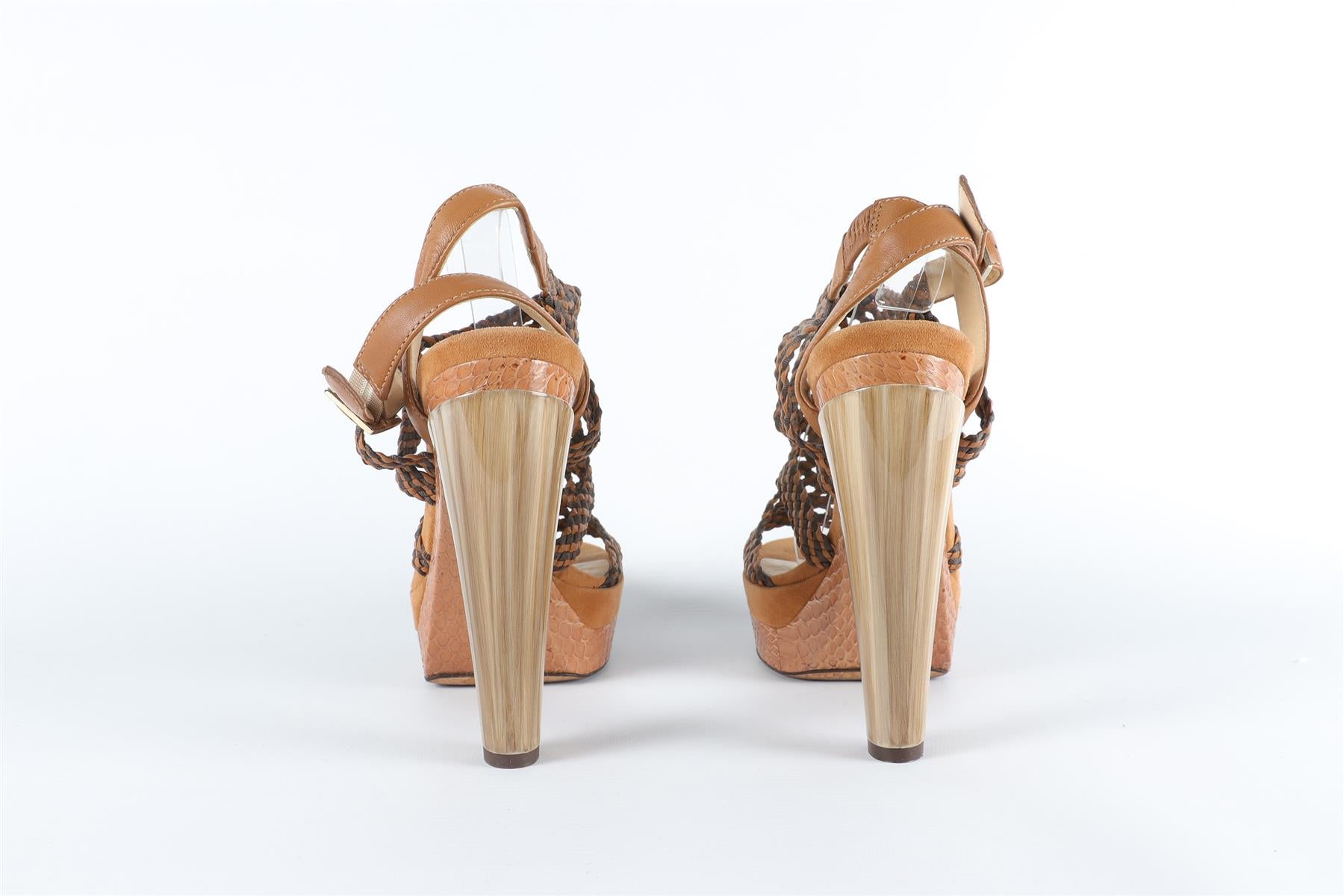 JIMMY CHOO BROWN LEATHER AND SUEDE SANDALS EU 38.5, UK 5.5, US 8.5