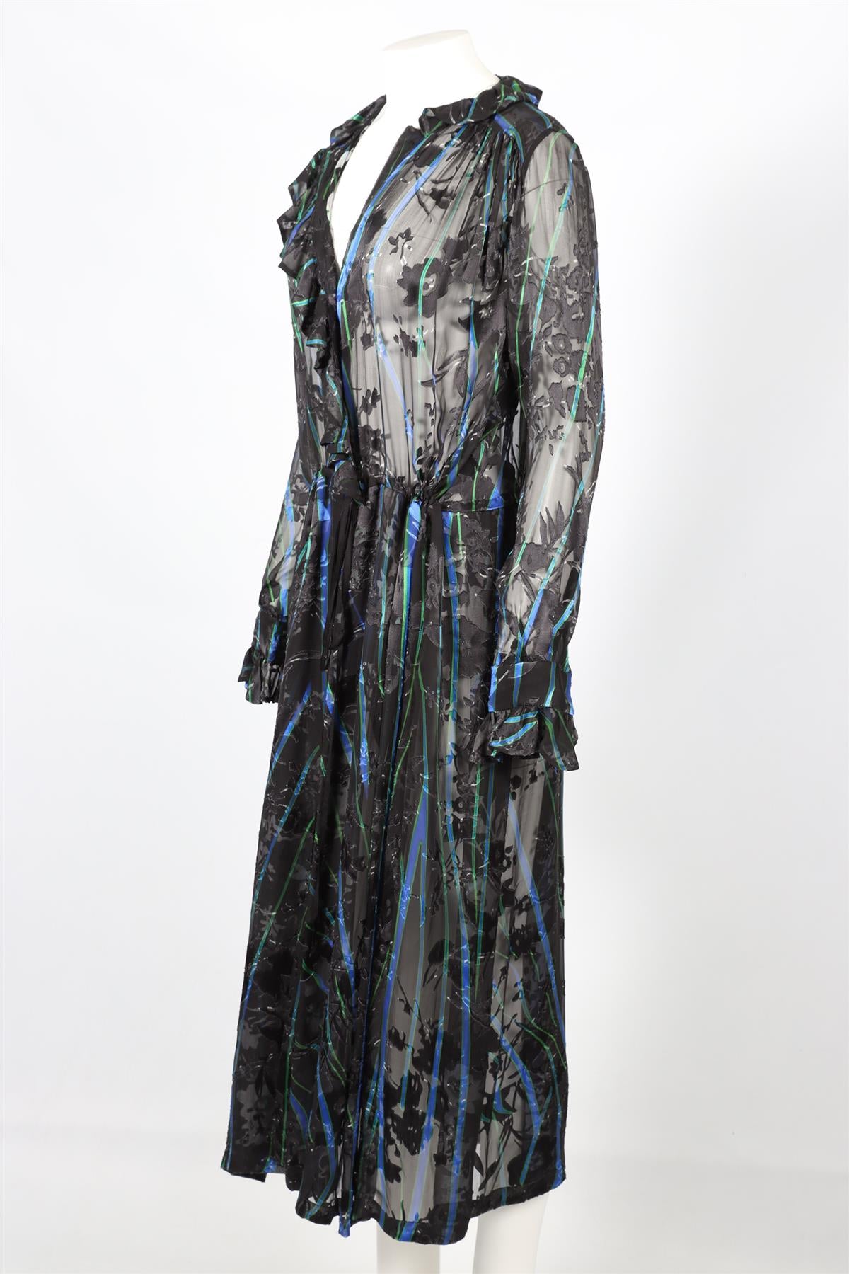 PREEN BY THORNTON BREGAZZI BLACK, BLUE AND GREEN PRINTED CREPE MAXI DRESS MEDIUM