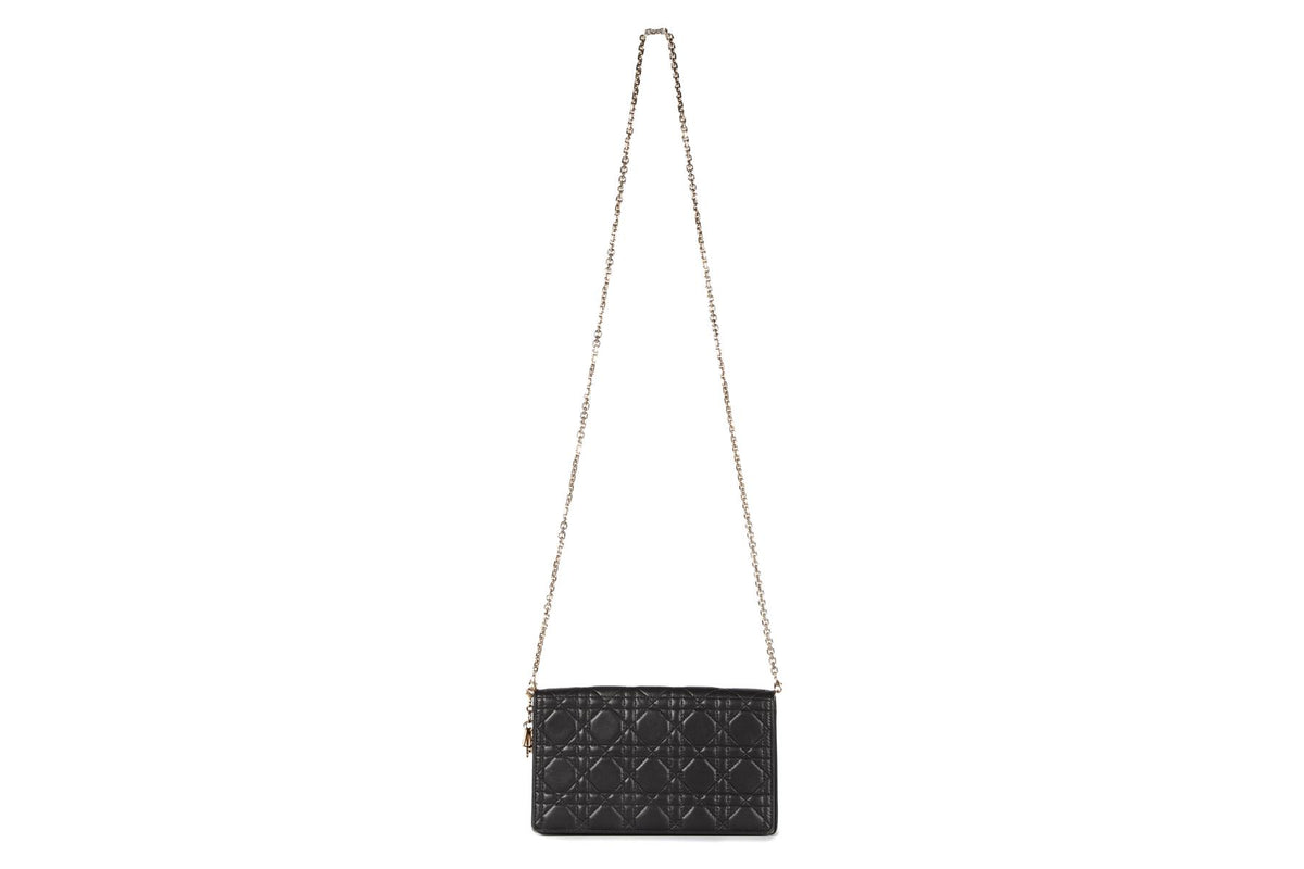 CHRISTIAN DIOR BLACK LADY DIOR WALLET ON CHAIN CANNAGE LEATHER SHOULDER BAG