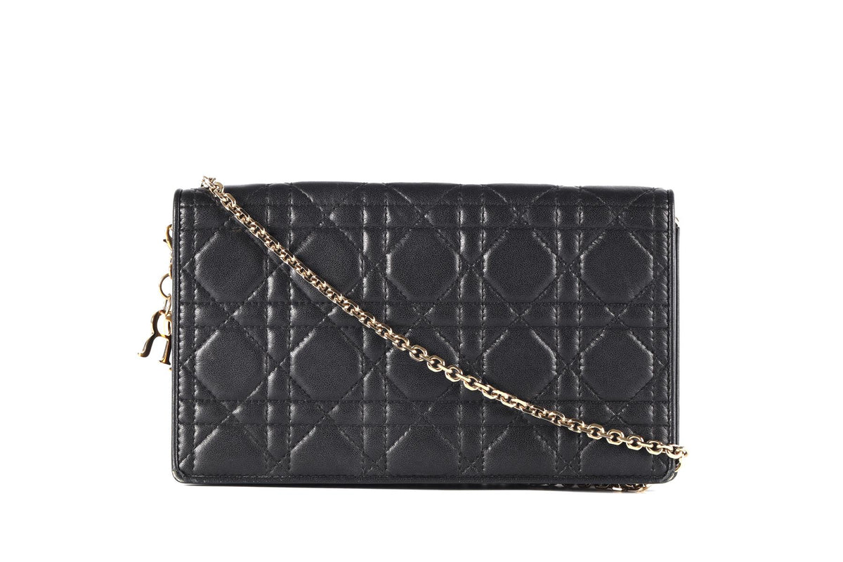 CHRISTIAN DIOR BLACK LADY DIOR WALLET ON CHAIN CANNAGE LEATHER SHOULDER BAG