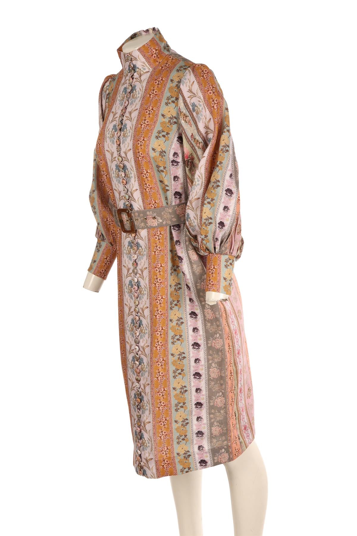 ZIMMERMANN MULTI LINEN MIDI DRESS 0 UK 8