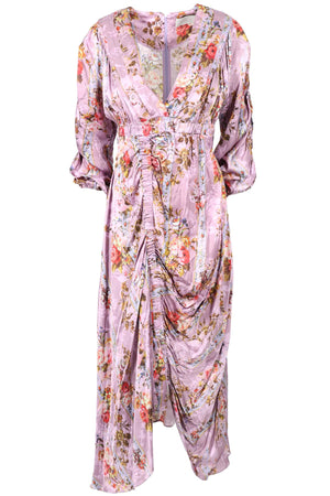 PREEN BY THORNTON BREGAZZI PURPLE FLORAL PRINT SATIN MAXI DRESS SMALL