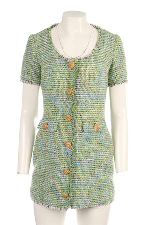 SELF-PORTRAIT GREEN TWEED MINI DRESS UK 6