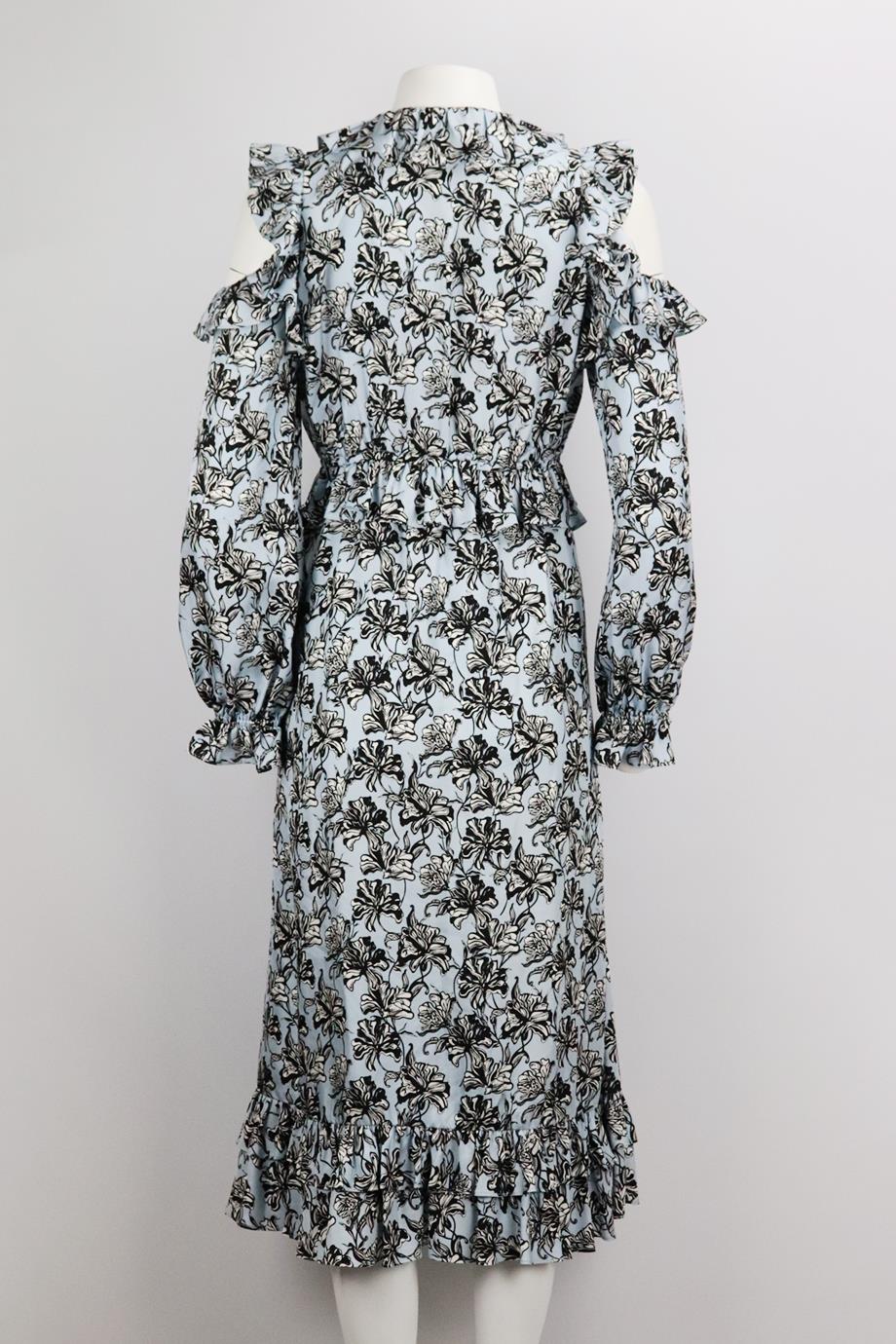 ROBERT RODRIGUEZ COLD SHOULDER RUFFLED FLORAL PRINT SILK MIDI DRESS US 8 UK 12