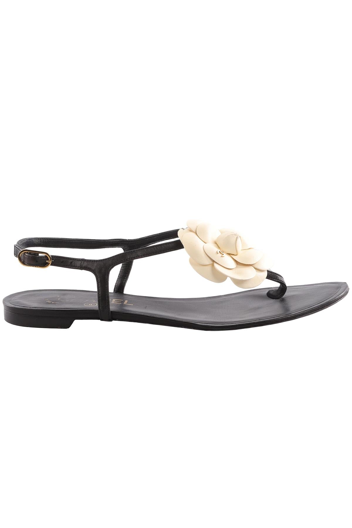 CHANEL BLACK 2013 CAMELLIA LEATHER SANDALS EU 38.5