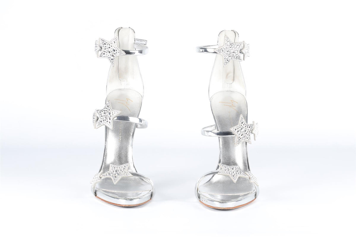 GIUSEPPE ZANOTTI SILVER CRYSTAL AND LEATHER SANDALS EU 39 UK 6 US 9