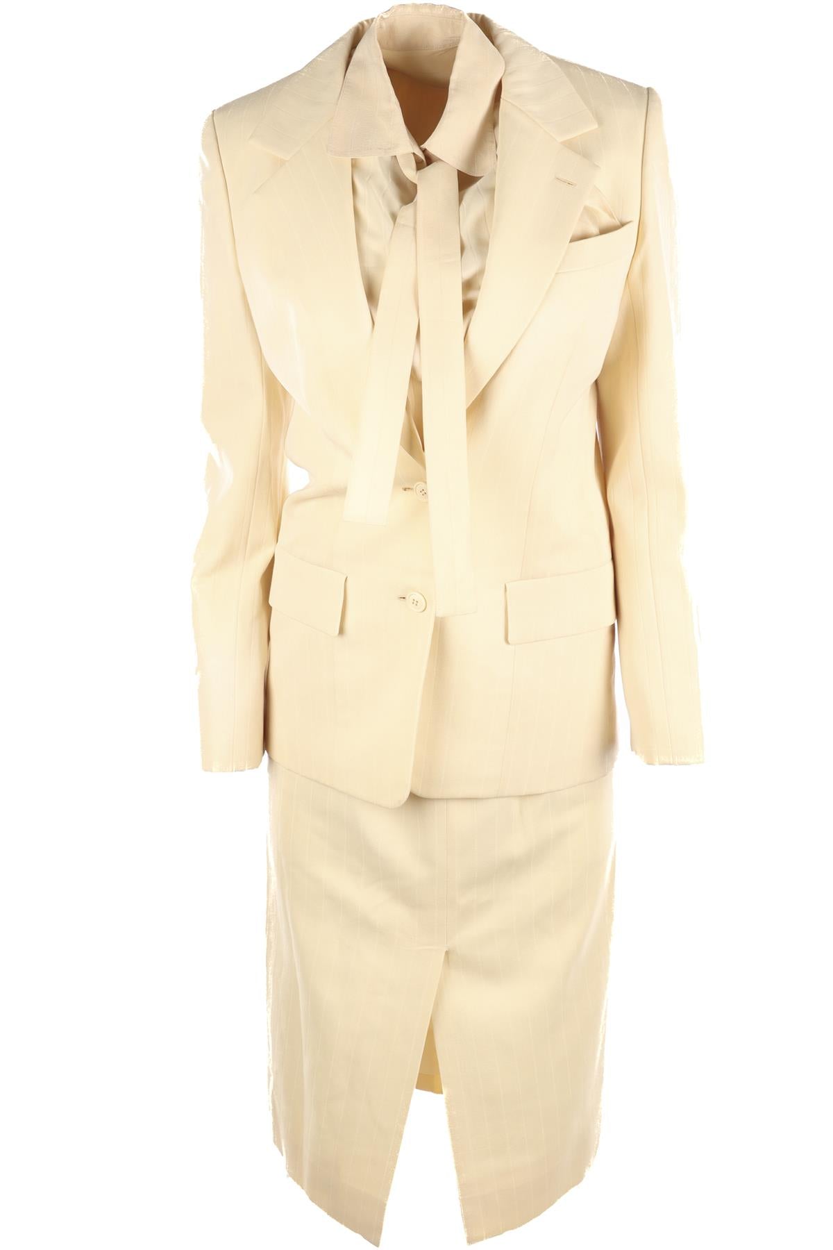 CHRISTIAN DIOR IVORY 1977 WOOL BLAZER, SHIRT AND SKIRT SET