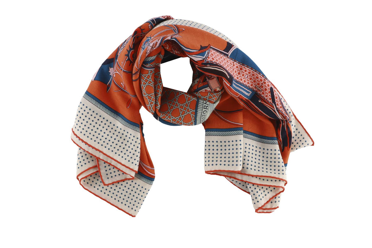 HERMÈS ORANGE LES VOITURES A TRANSFORMATION CASHMERE SCARF 134CM