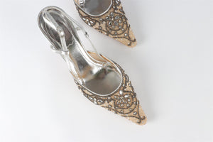 RENÉ  CAOVILLA SILVER LEATHER SLINGBACK PUMPS EU 37 UK 4 US 7