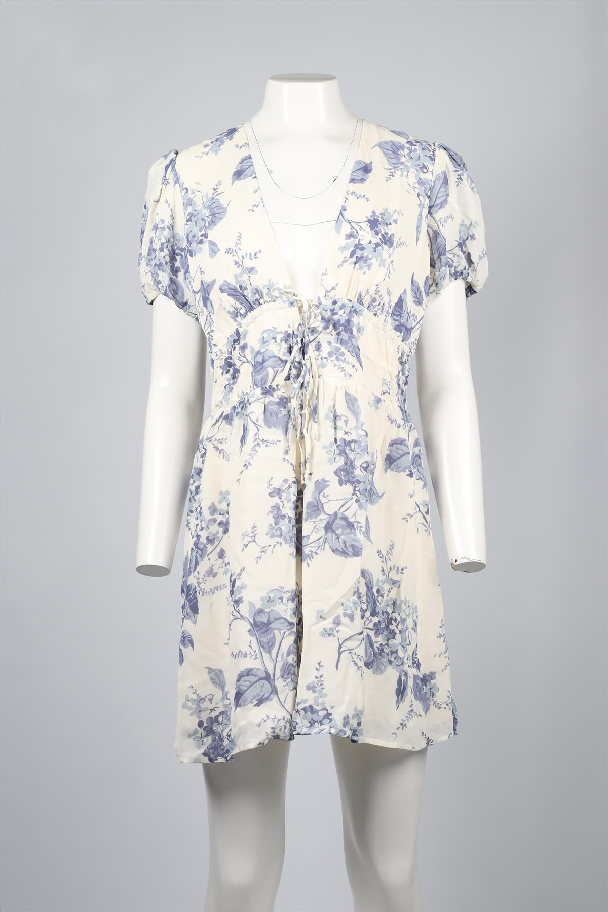 REFORMATION BLUE AND WHITE CREPE MINI DRESS US 10 UK 14
