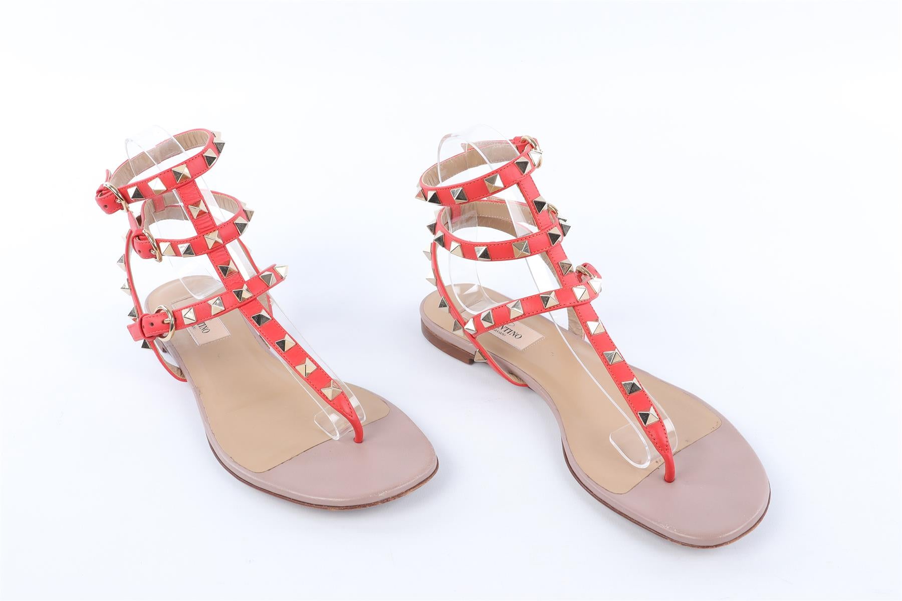 VALENTINO GARAVANI RED ROCKSTUD LEATHER SANDALS EU 37.5 UK 4.5 US 7.5