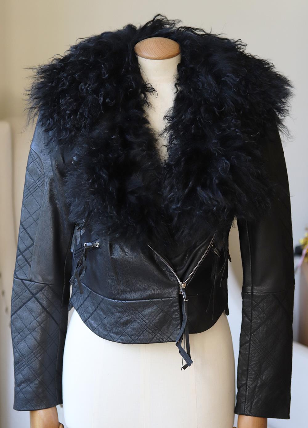 PREEN BY THORNTON BREGAZZI WILMER SHEARLING LINED LEATHER BIKER JACKET XSMALL