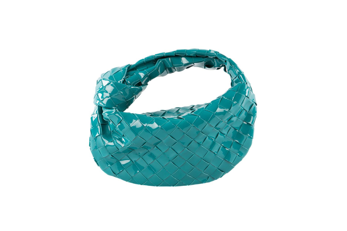BOTTEGA VENETA BLUE JODIE MINI INTRECCIATO PATENT LEATHER TOTE BAG