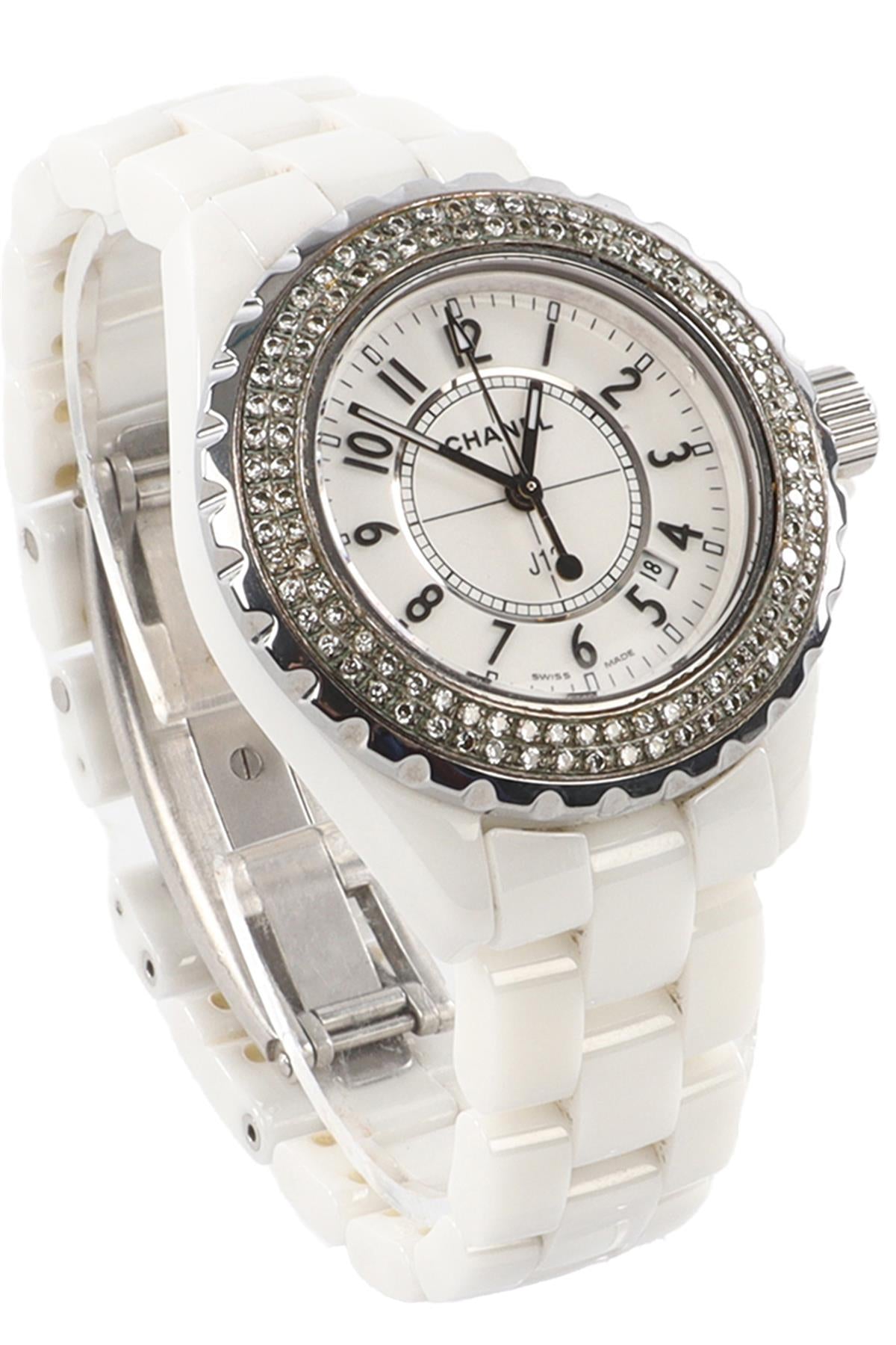 CHANEL WHITE J12 33 MM DIAMOND AND CERAMIC WRIST WATCH