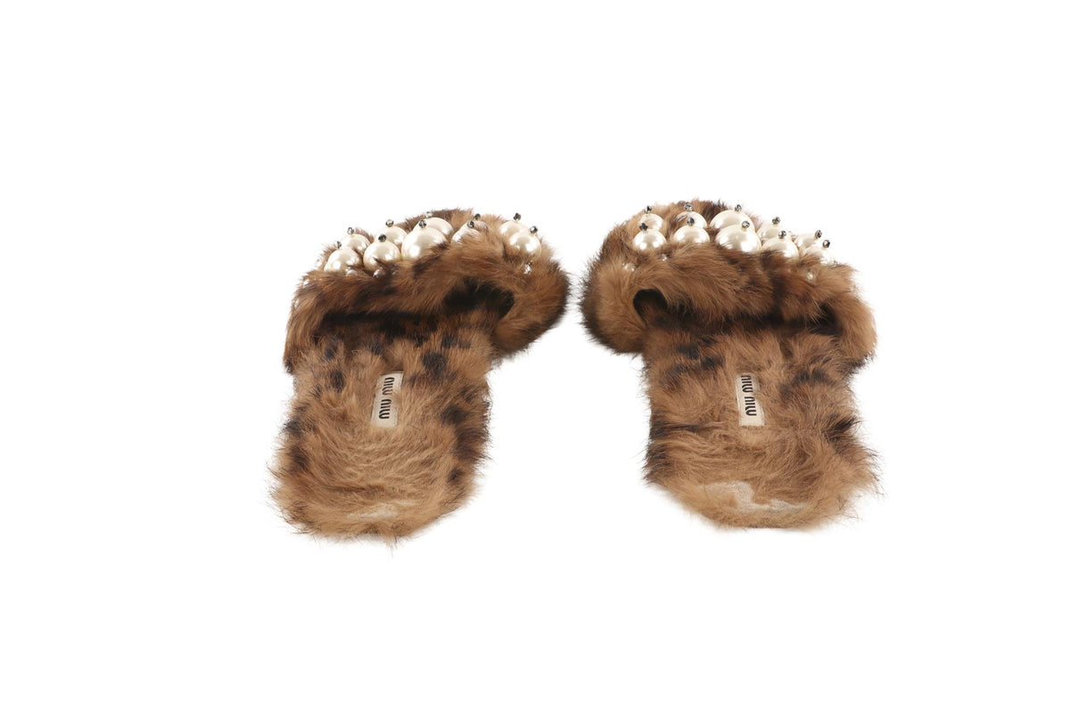 MIU MIU BROWN FAUX FUR SLIDES EU 37 UK 4 US 7