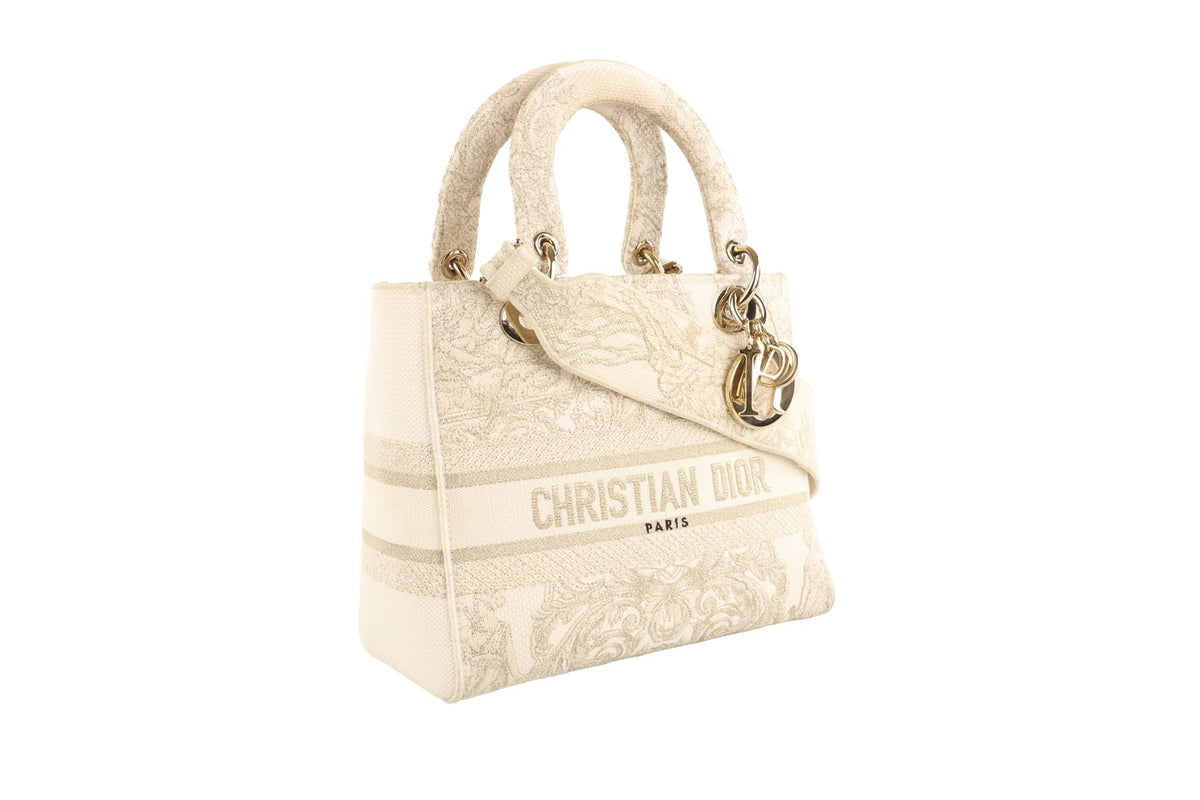CHRISTIAN DIOR IVORY LADY D-LITE MEDIUM TOILE DE JOUY CANVAS TOTE BAG