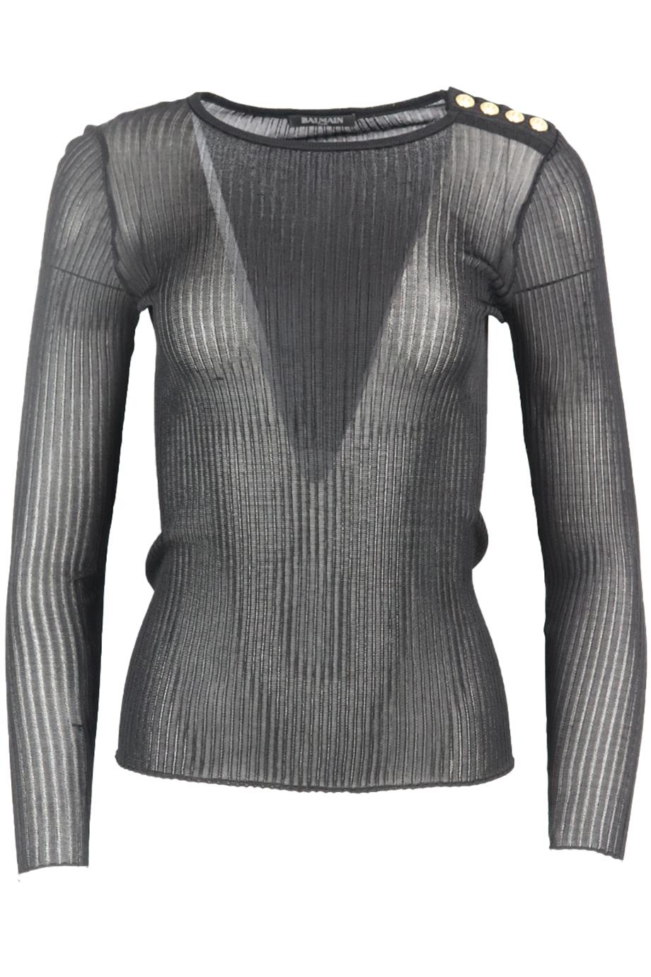 BALMAIN BUTTON EMBELLISHED RIBBED KNIT TOP XSMALL