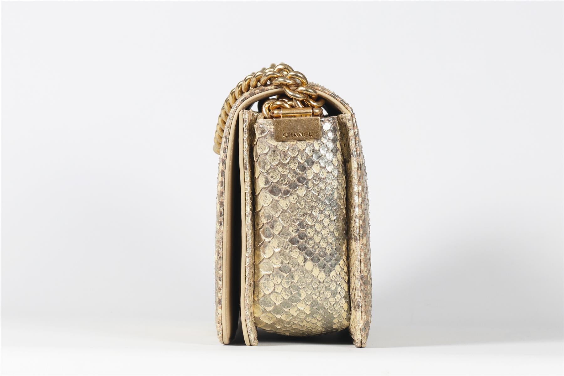 CHANEL GOLD 2014 BOY MEDIUM PYTHON AND LEATHER SHOULDER BAG