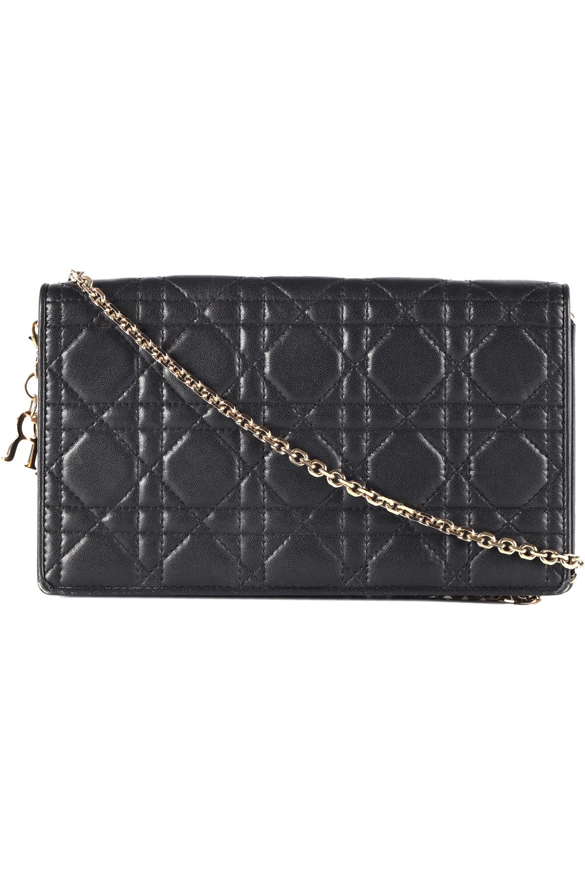 CHRISTIAN DIOR BLACK LADY DIOR WALLET ON CHAIN CANNAGE LEATHER SHOULDER BAG