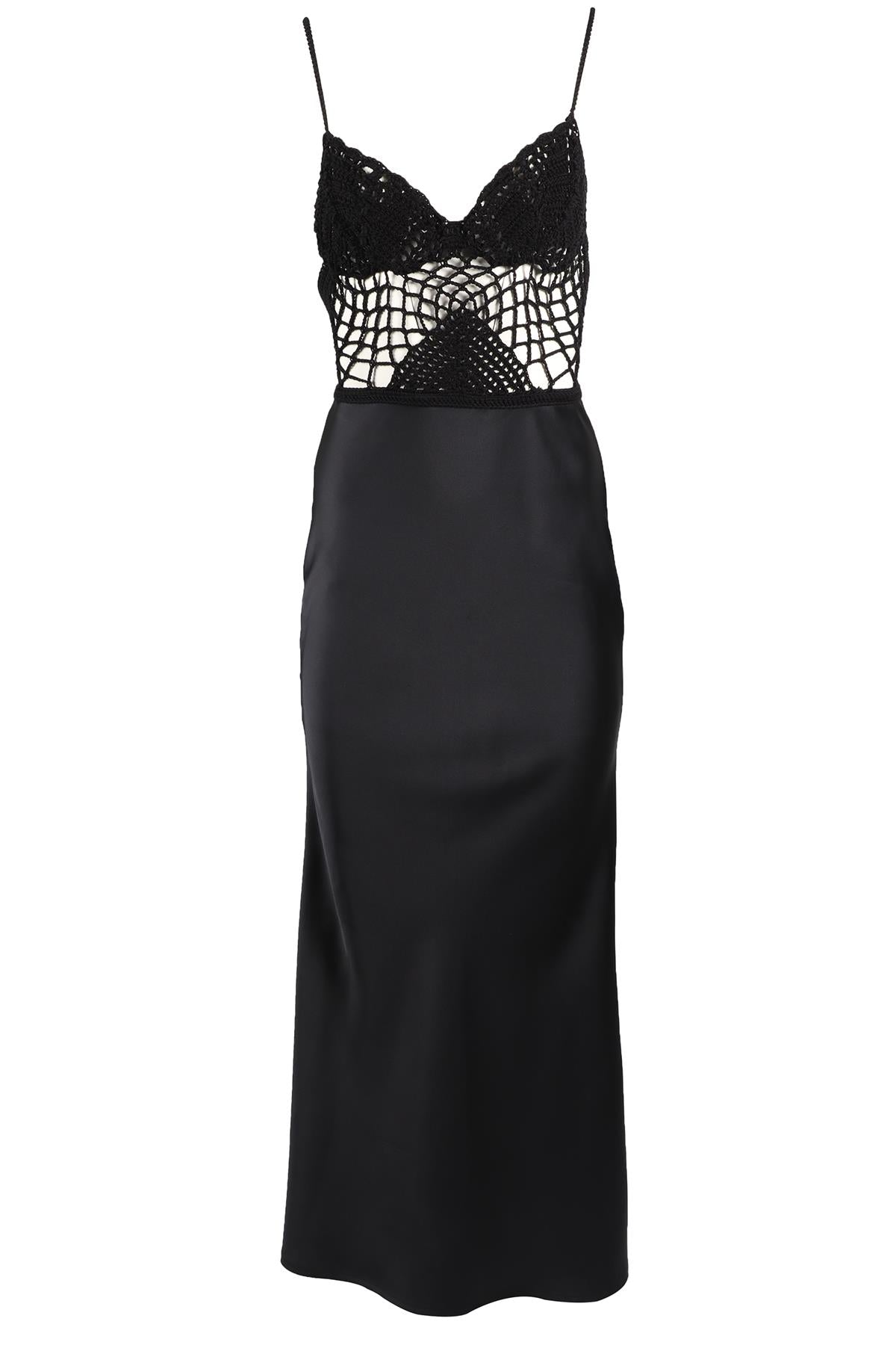 SILVIA ASTORE BLACK CROCHET AND SATIN MAXI DRESS SMALL