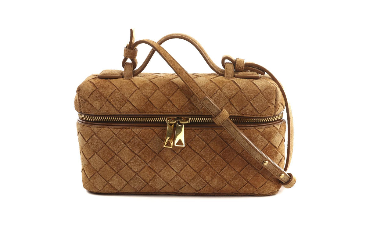 BOTTEGA VENETA TAN BANG BANG VANITY MINI INTRECCIATO SUEDE TOTE BAG