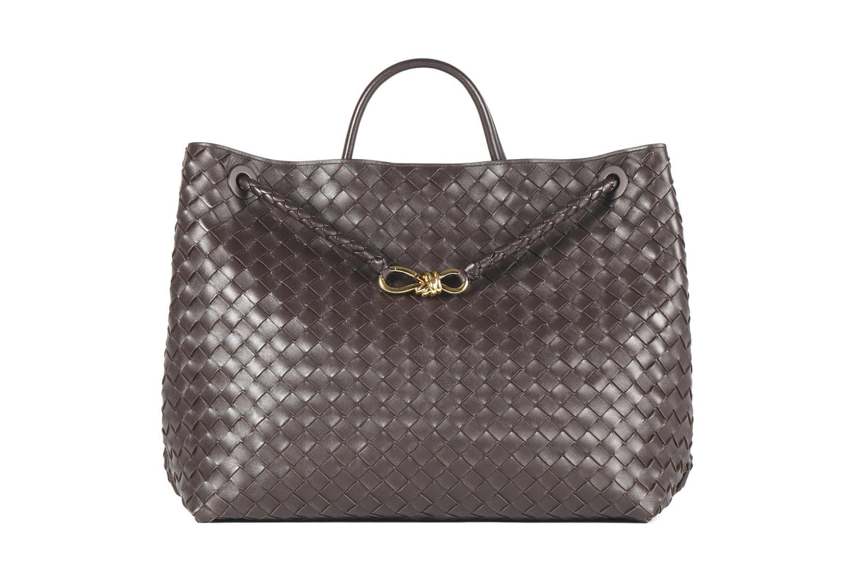 BOTTEGA VENETA BROWN ANDIAMO LARGE INTRECCIATO LEATHER TOTE BAG